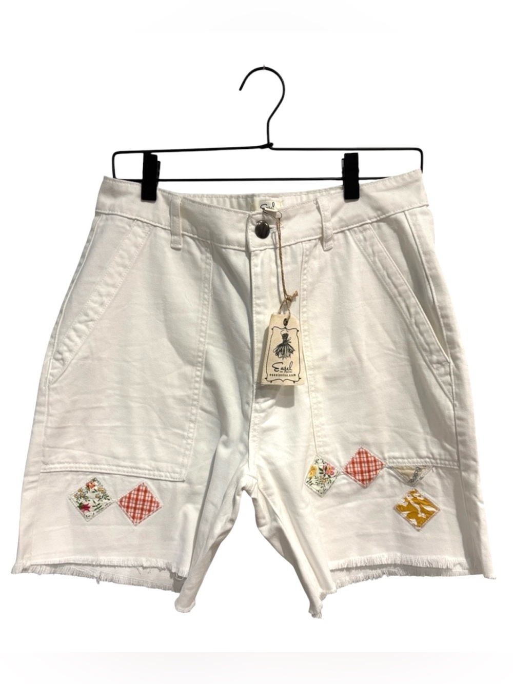 NWT Easel White Denim Patchwork Shorts Large Frayed Boho